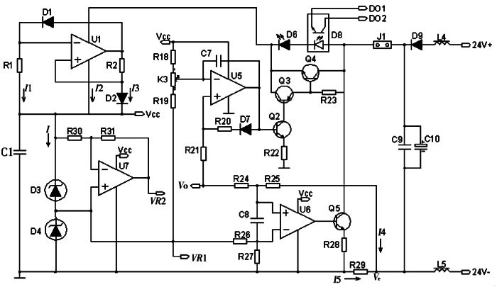 多路溫度遠傳監測儀電源、V/I轉換和報警電路