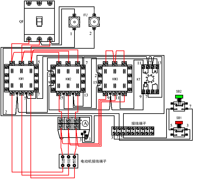 星三角降壓啟動電路電氣元件實物連接示意圖