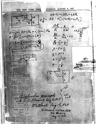 Black負反饋放大器的靈感來自于上班途中的靈光一現，只能將其記錄在手頭的紐約時報上