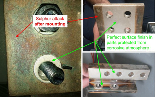 因為一旦螺栓緊固到位，實際上銅排與端子的搭接面上無硫化氧化痕跡