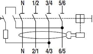 對于N極在左側的4P漏電保護開關，測試按鈕回路是串聯在3/4-4/3和5/6-6/5兩極