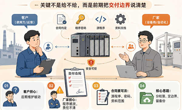 PLC程序交付以項目前期約定的交付邊界來分層交付，并提供完整資料和做好PLC程序版本備份