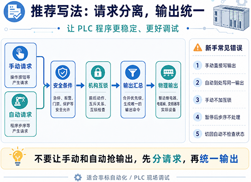 PLC程序中手動(dòng)和自動(dòng)只提請(qǐng)求，輸出統(tǒng)一管理